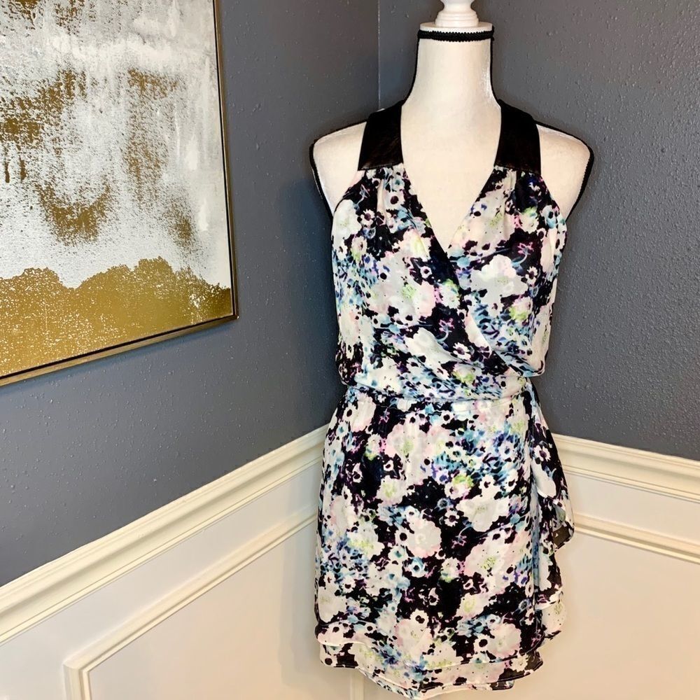Parker leather and silk water color wrap dress